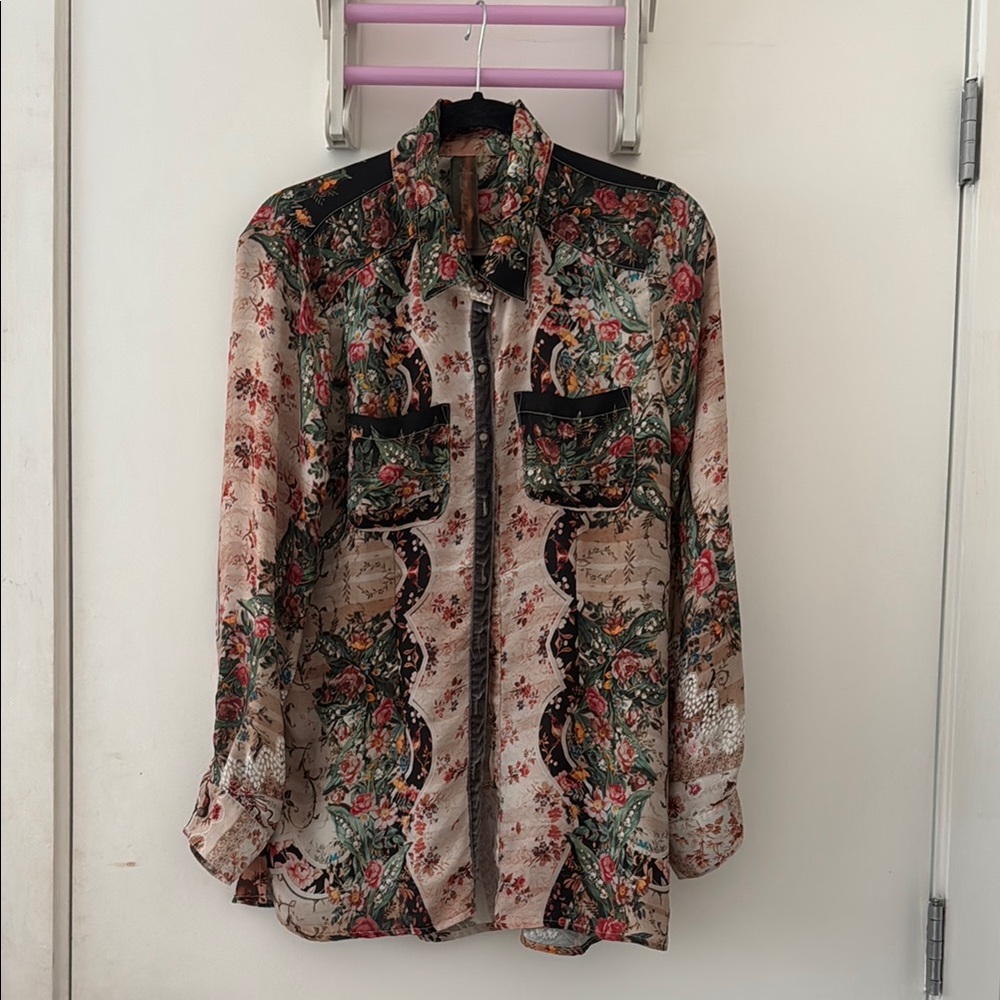 Floral Button-Up Tunic Shirt with Black Accents